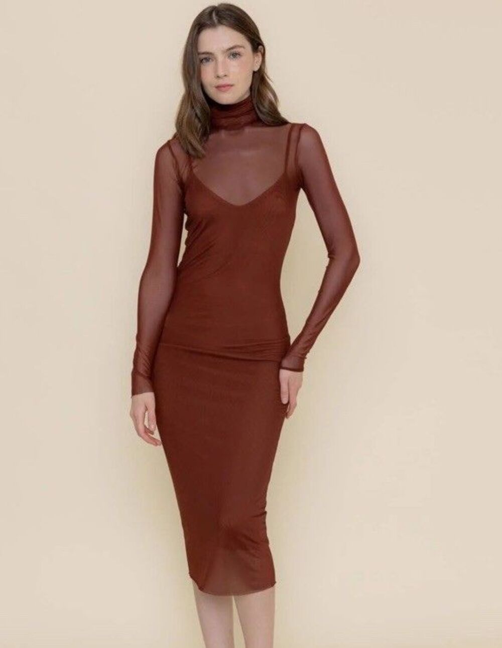 FORE Burgundy Turtleneck Mesh Midi long Sleeve Dress Size L